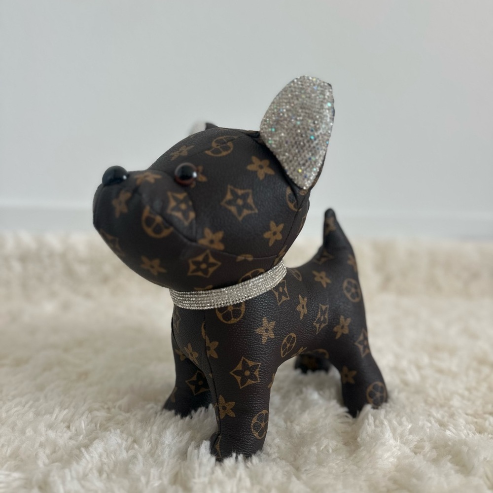 Designer-Style Brown Monogram Frenchie Dog Toy with Rhinestone Collar - Picture 3 of 4